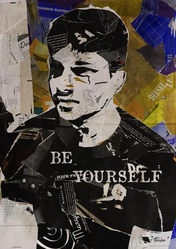 Torn-paper collage portrait, with the words “Be yourself” across the chest